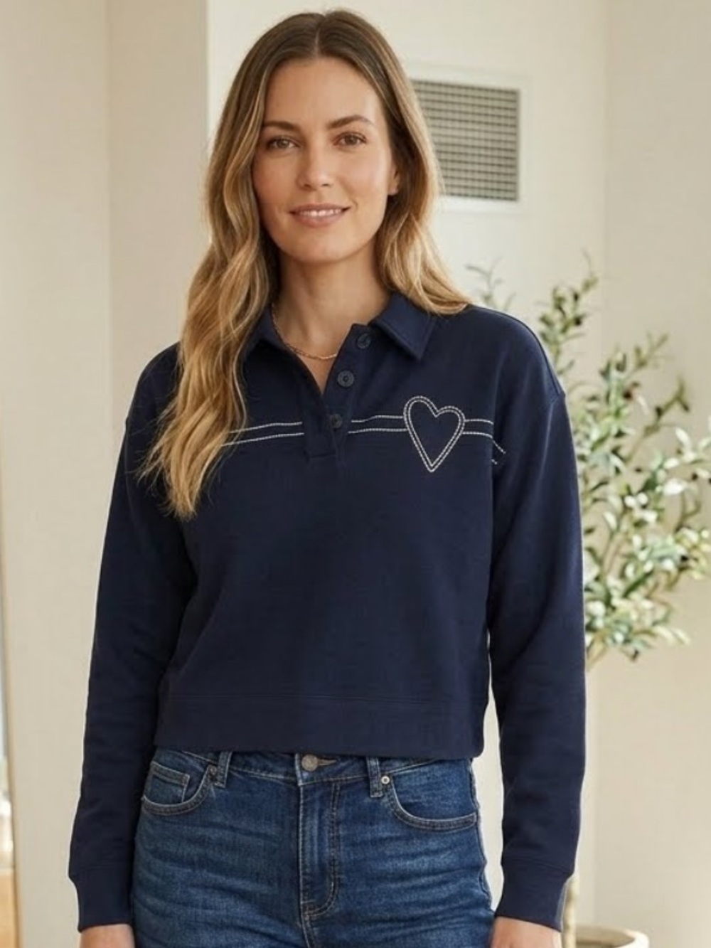 Tory Burch Heart ❤️ Pickstitch Cotton Polo Crop Sweathirt French Terry Pullover